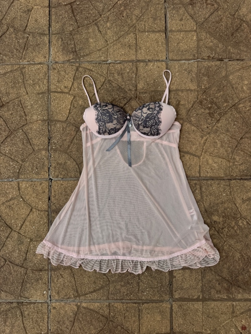 Sheer Pink Lace-Trim Babydoll Chemise with Bow